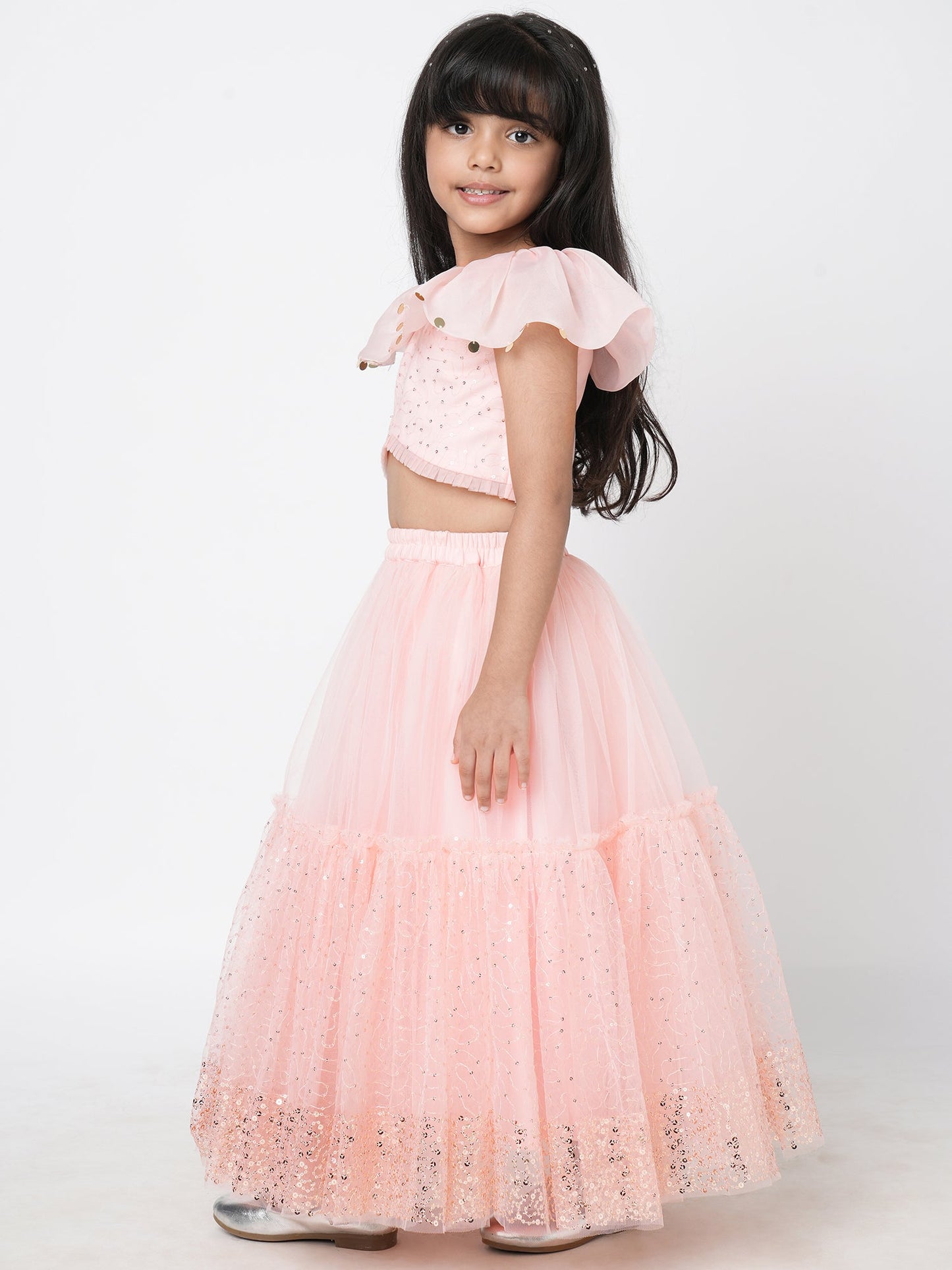 Paris Nights Girls Peach Sequin Embroidered Lehanga Choli