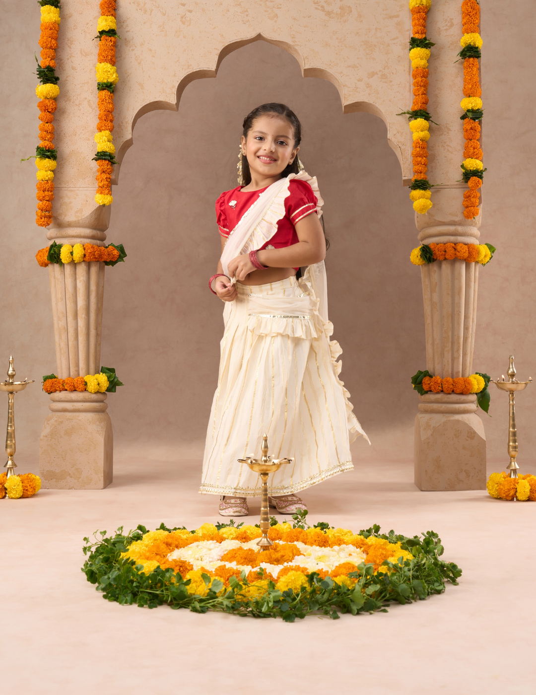 Girls Stylish Off White Lehenga with Red Choli and Dupatta Set