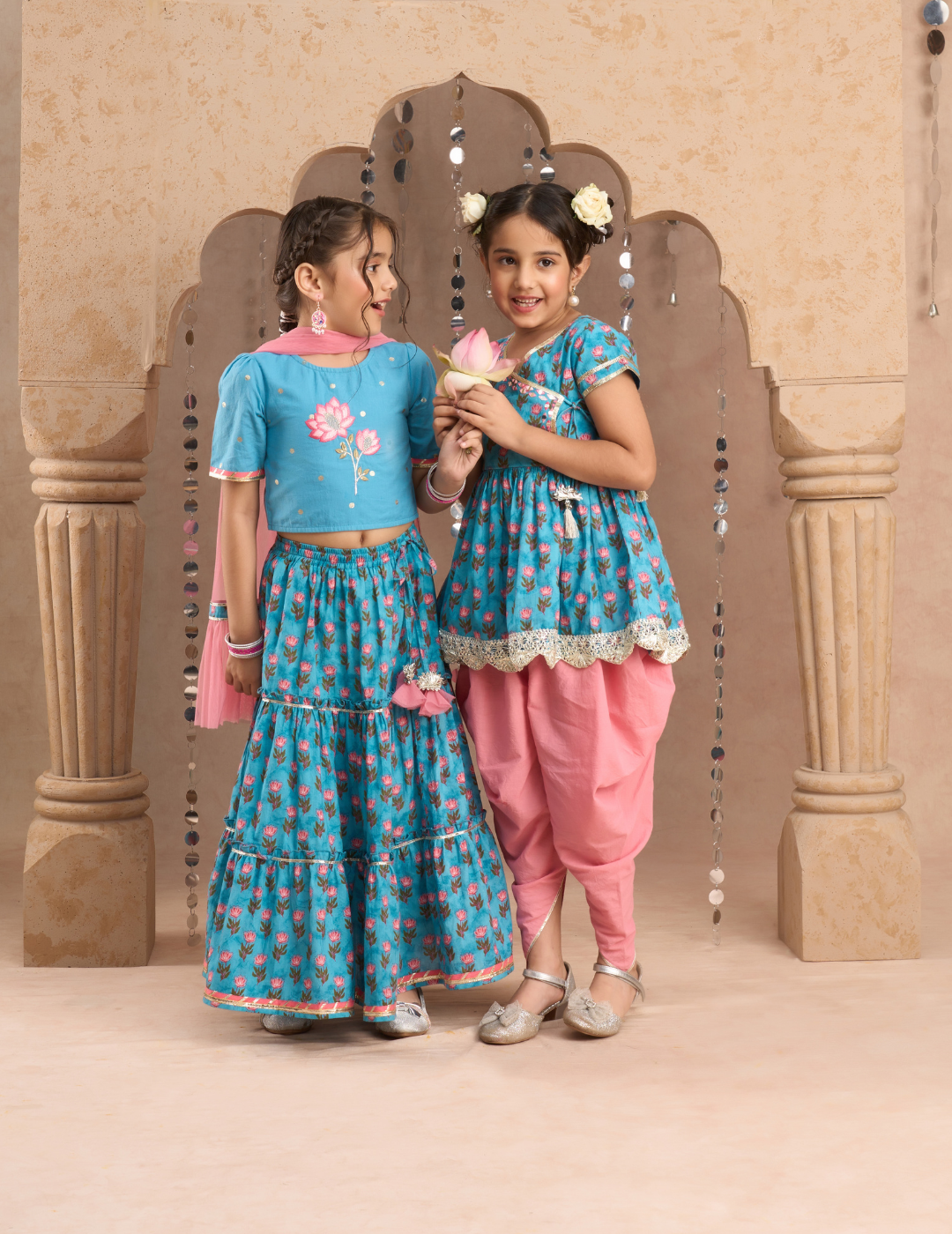 Jaipur Girls Blue Cotton Kurta with Dhoti Ethnic Set