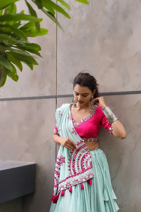 Raas | Sky Light Color Navratri Chaniyacholi with Mirror Work