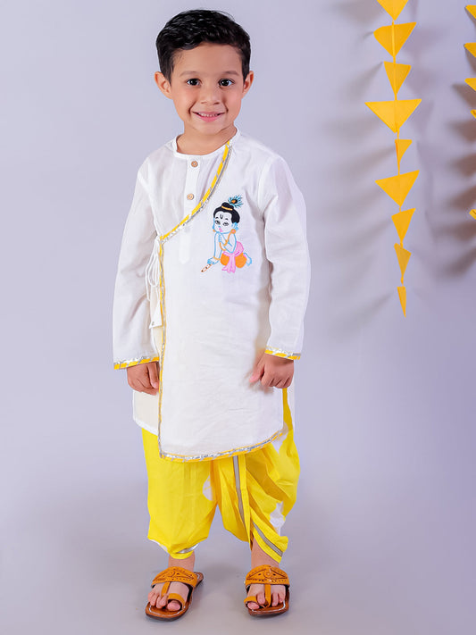 Marigold Magic White Boys Cotton Kurta And Yellow Dhoti Ethnic Set