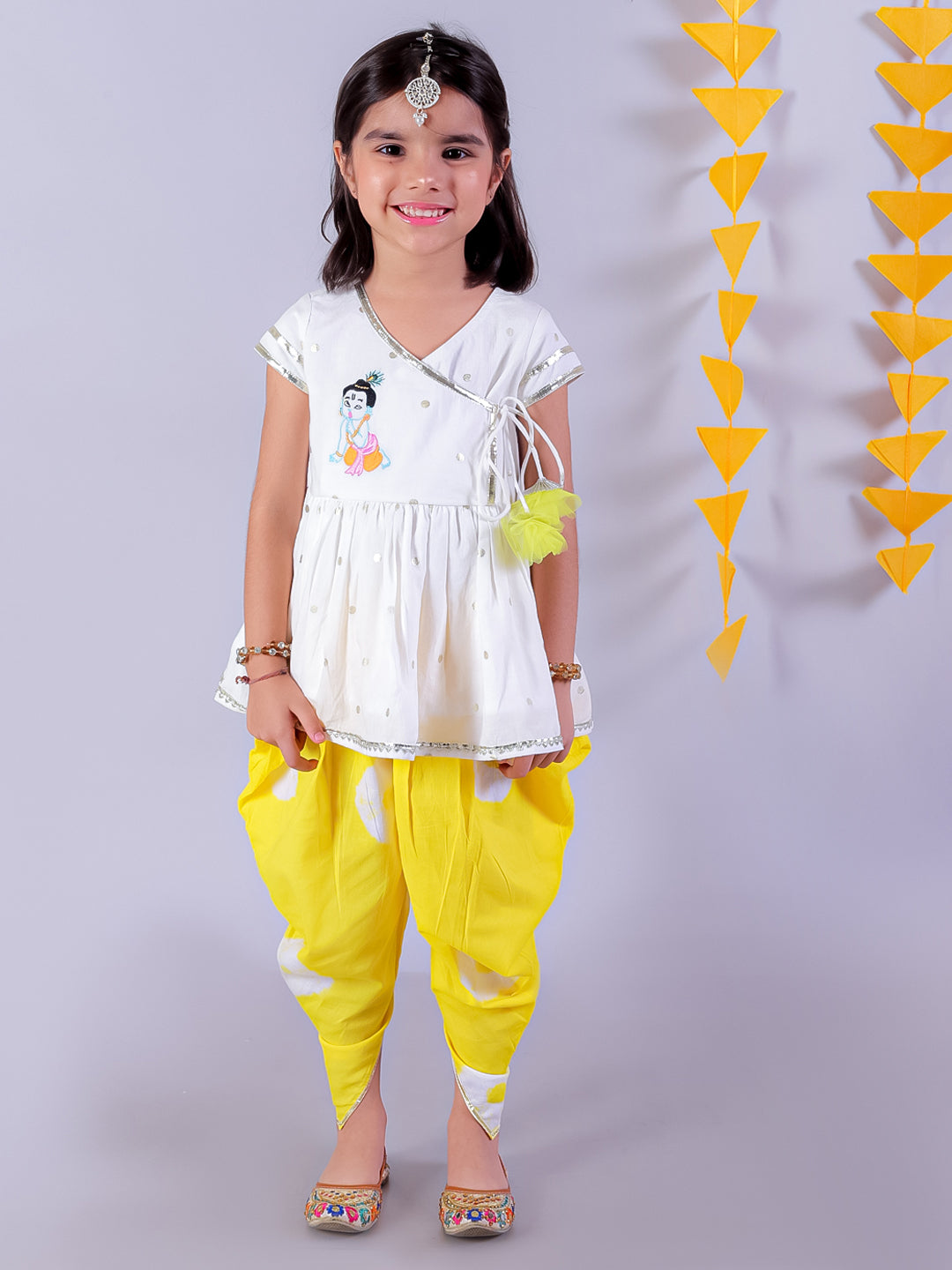 Marigold Magic White Girls Cotton Kurta And Yellow Dhoti Ethnic Set