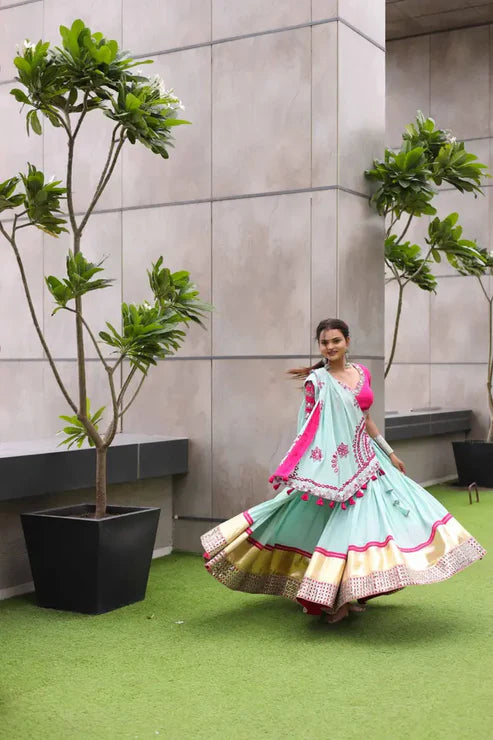 Raas | Sky Light Color Navratri Chaniyacholi with Mirror Work