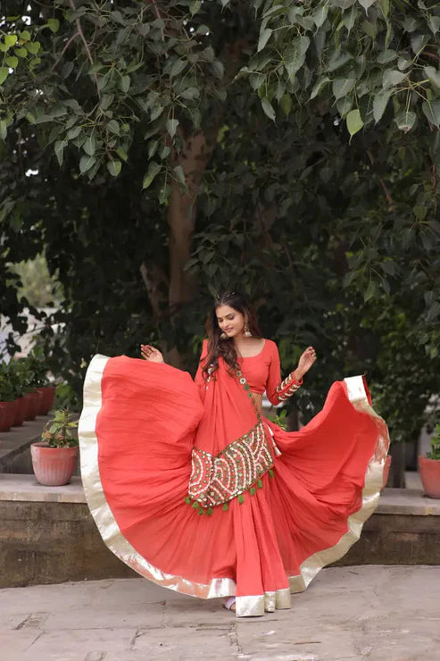Raas | Orange Mirror Work Chaniyacholi