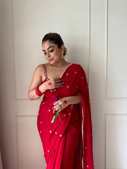 Red Romance Heart Georgette Saree