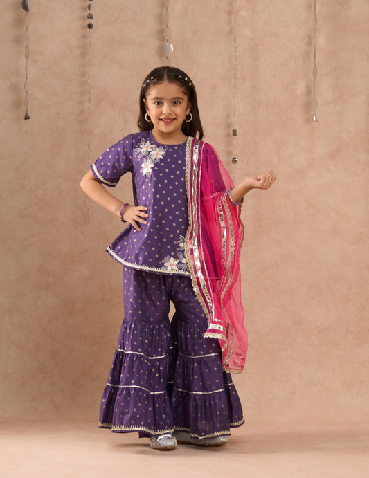 Zarqa Girls Purple Kurta With Sharara Set