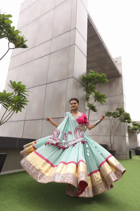 Raas | Sky Light Color Navratri Chaniyacholi with Mirror Work