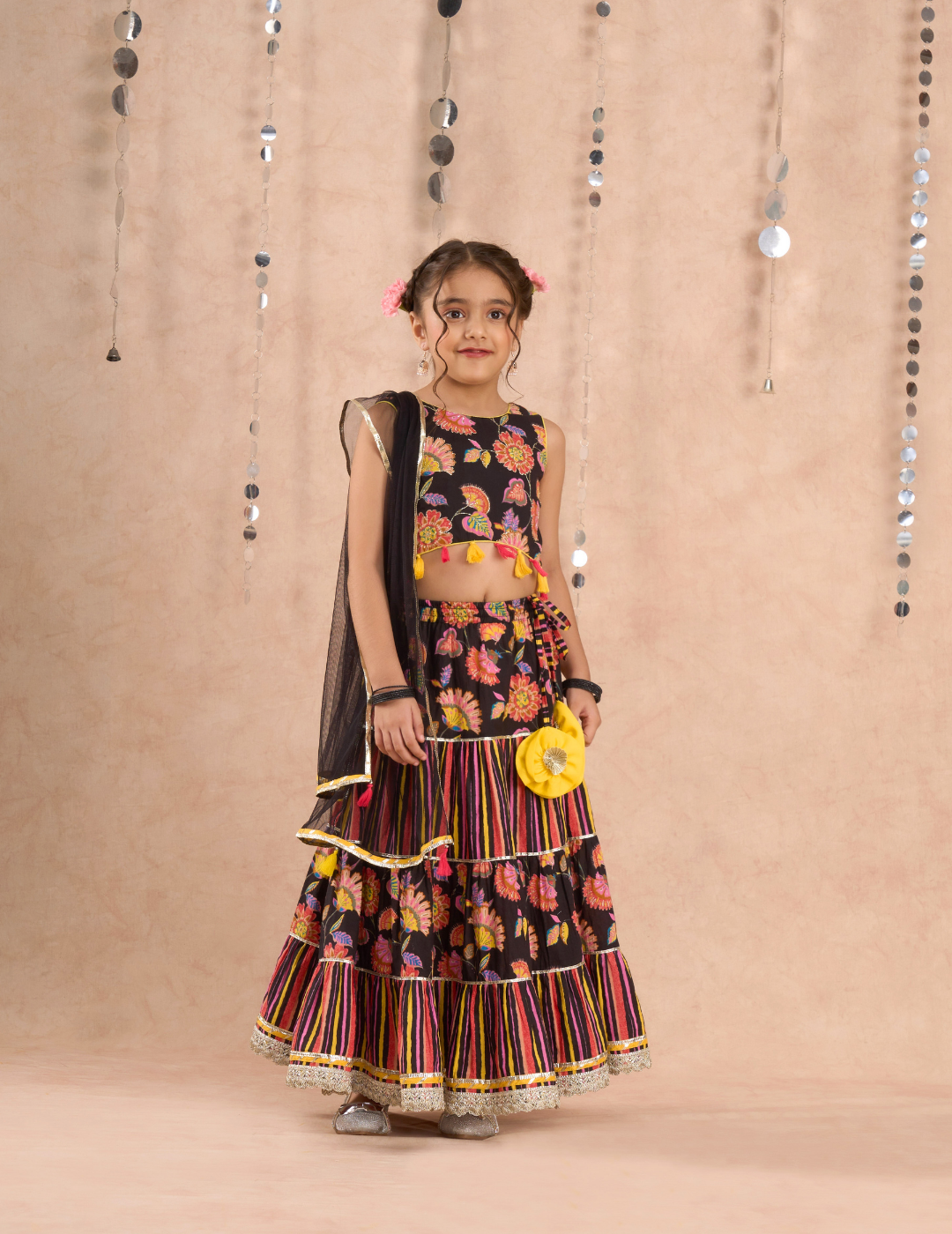 Jaipur Girls Black Cotton Lehanga and Choli with Dupata Ethnic Set