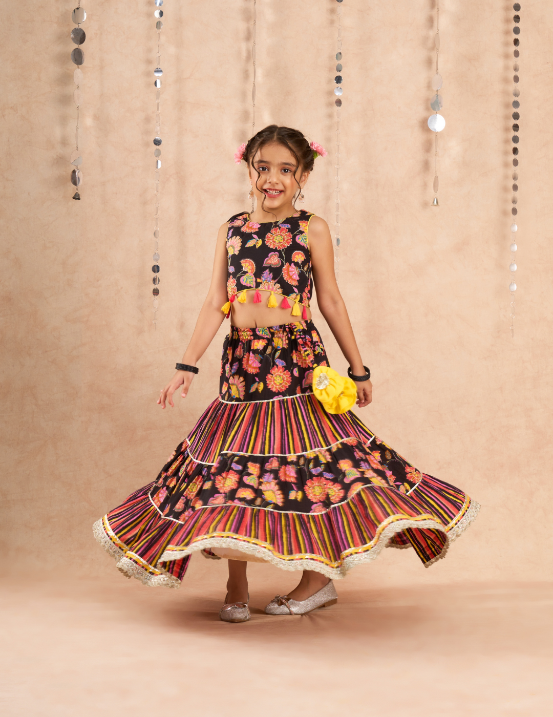 Jaipur Girls Black Cotton Lehanga and Choli with Dupata Ethnic Set