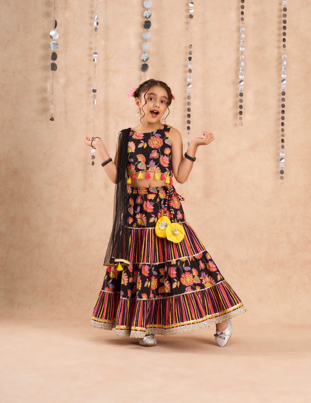 Jaipur Girls Black Cotton Lehanga and Choli with Dupata Ethnic Set