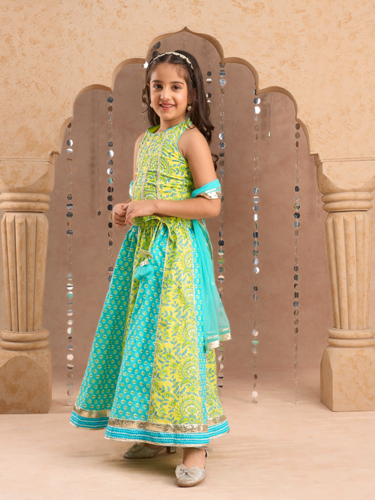 Jaipur Girls Green Cotton Lehanga and Choli with Dupata Ethnic Set