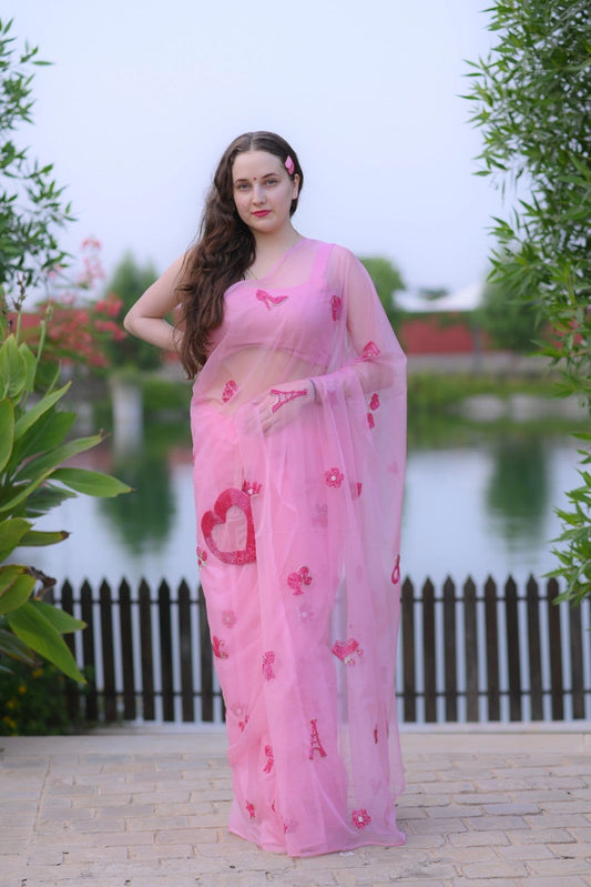 Barbie Dreams Flamingo Pink Pure Silk Organza Saree - Ensembles