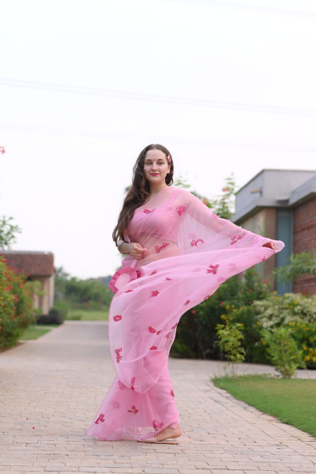 Barbie Dreams Flamingo Pink Pure Silk Organza Saree - Ensembles