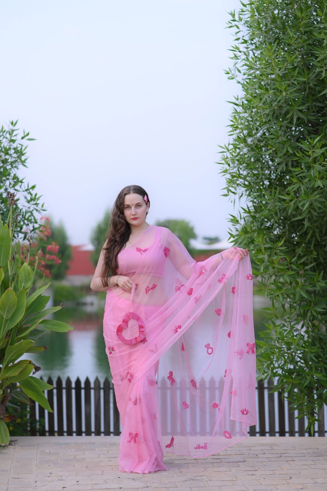 Barbie Dreams Flamingo Pink Pure Silk Organza Saree - Ensembles