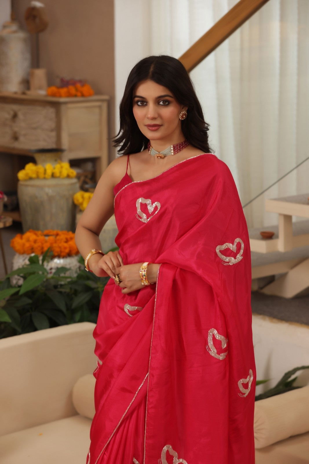 Butterfly Hand-Embroidered Upada Silk Saree - Ensembles