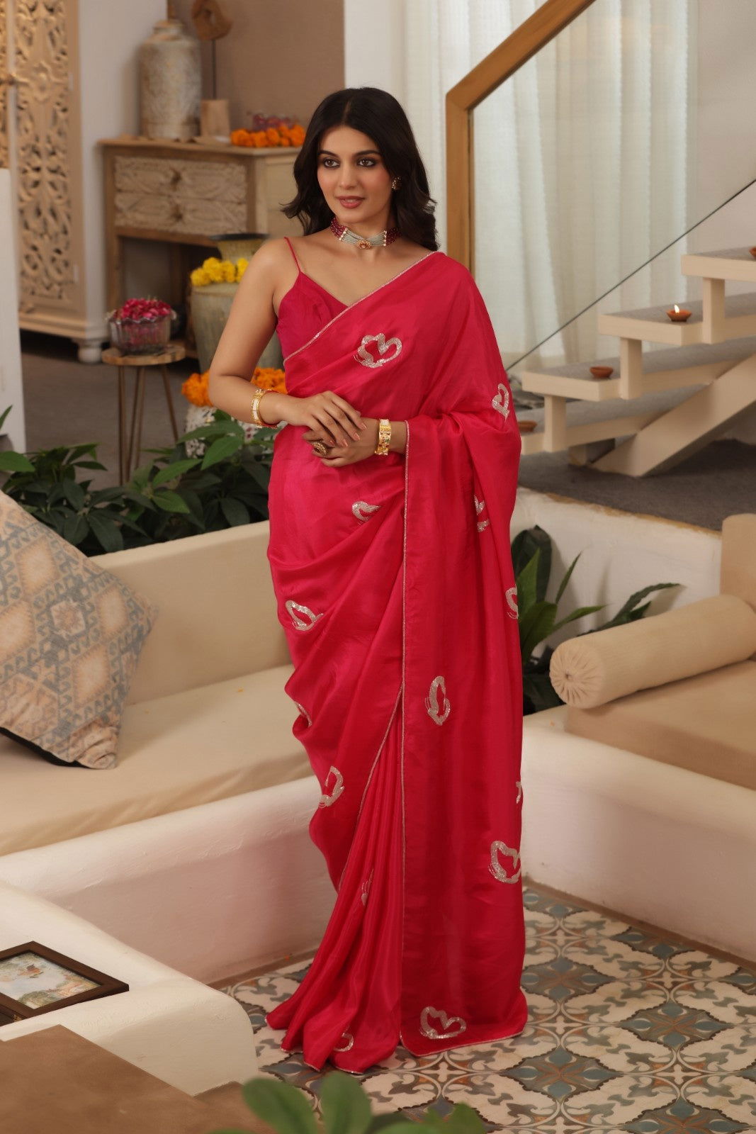 Butterfly Hand-Embroidered Upada Silk Saree - Ensembles