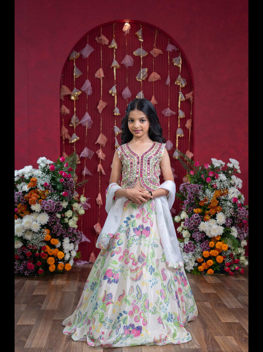 Embroidered Mirror Work Blouse And Floral Lehenga Set With Sheer Dupatta – Perfect For Weddings, Festivals, And Parties