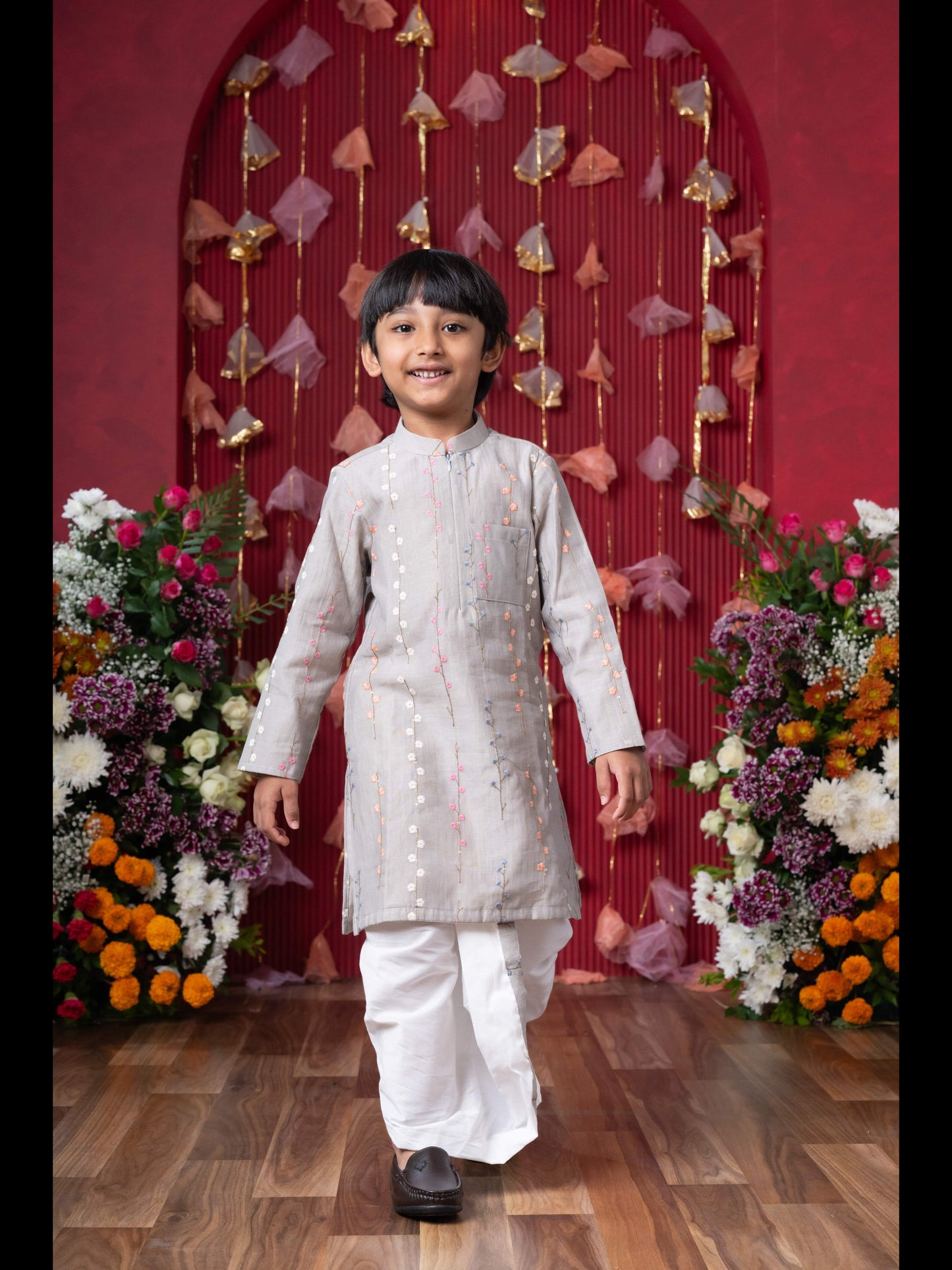 Graceful Grey Embroidered Kurta Set for Boys