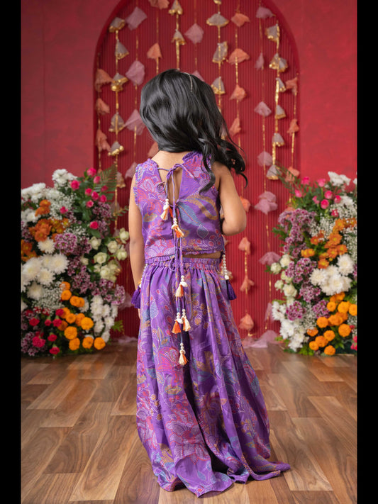 Add A Pop Of Color To Your Celebrations With This Vibrant Purple Printed Top And Flared Palazzo Set