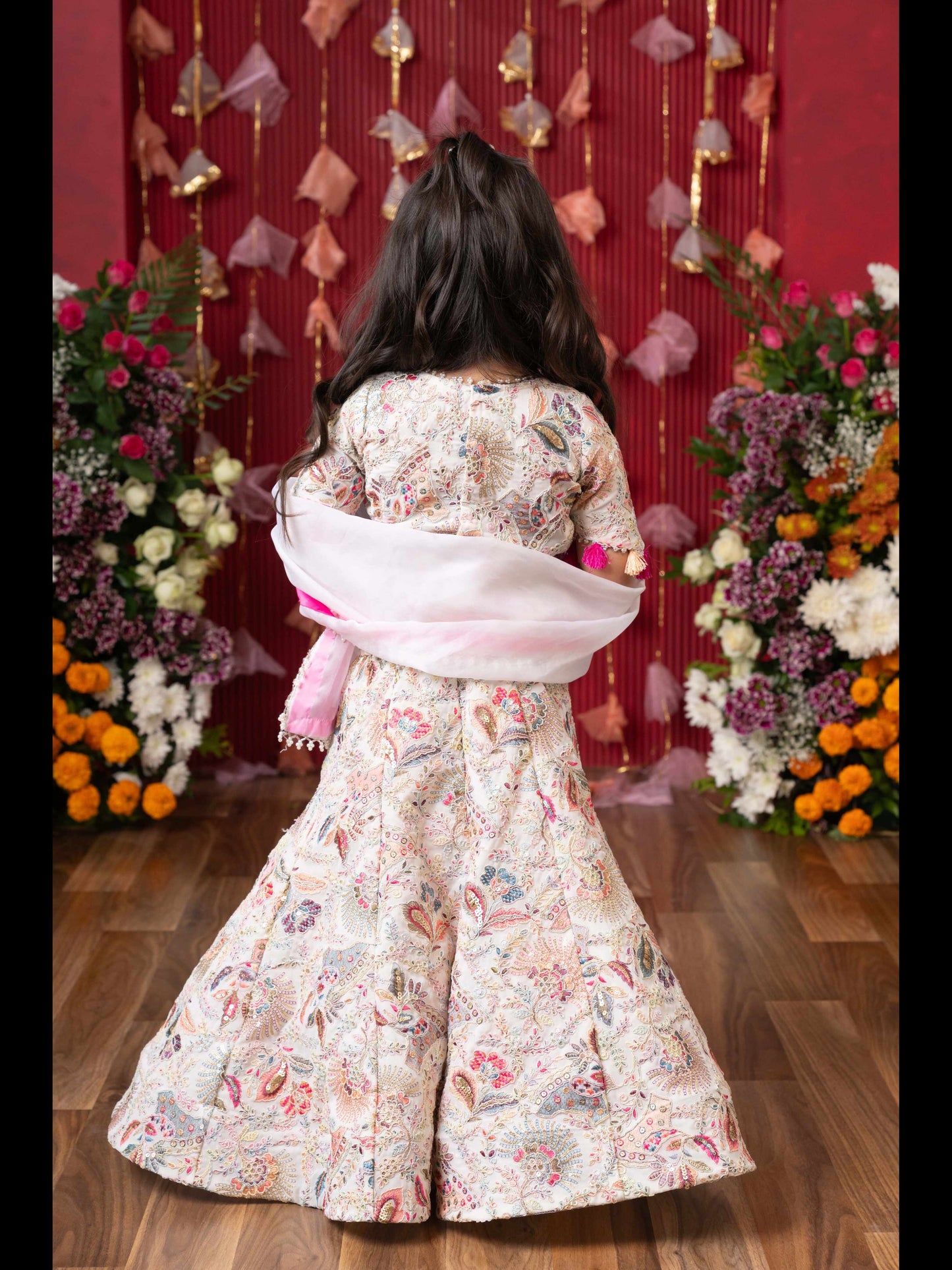 Graceful Glamour: A Stunning Embroidered Lehenga Set For Your Little One's Festive Sparkle!