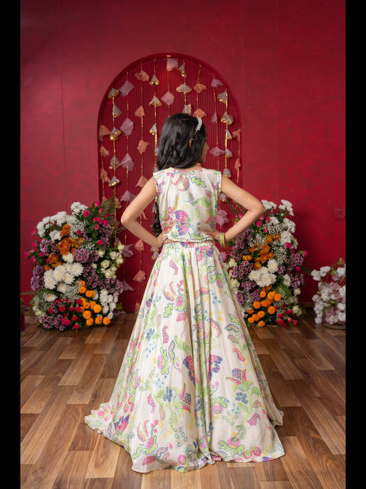 Embroidered Mirror Work Blouse And Floral Lehenga Set With Sheer Dupatta – Perfect For Weddings, Festivals, And Parties