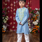 Stylish Light Blue Soft Denim Kurta with Lime Green Embroidery and White Pants – Perfect for Festive Celebrations and Weddings