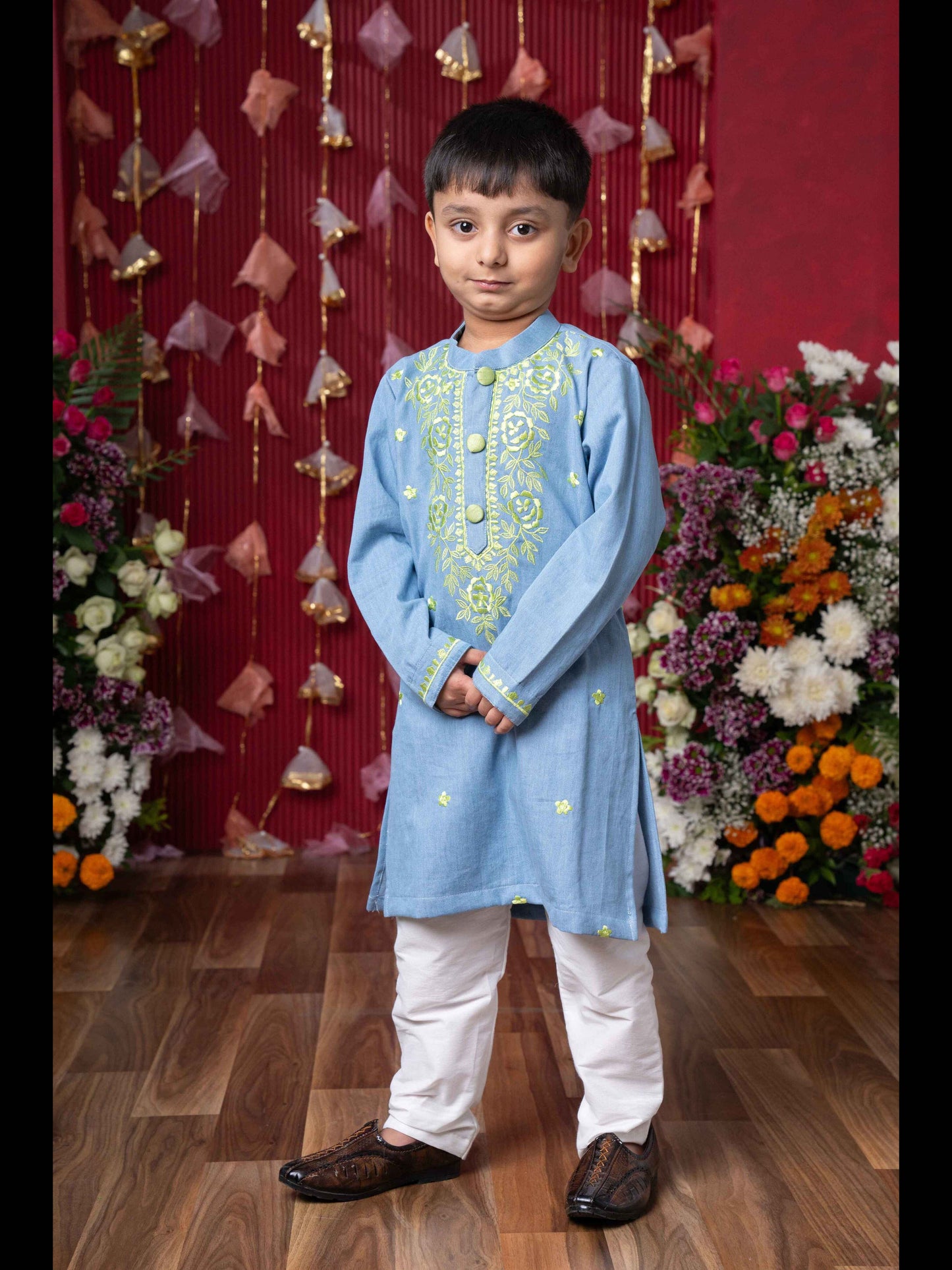 Stylish Light Blue Soft Denim Kurta with Lime Green Embroidery and White Pants – Perfect for Festive Celebrations and Weddings