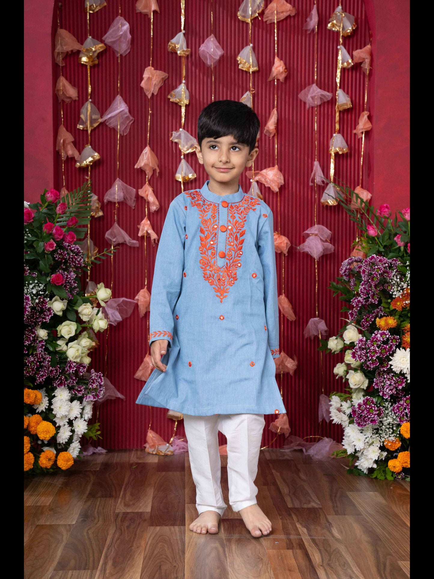 Stylish Sky Blue Soft Denim Kurta with Vibrant Embroidery and White Pants – Perfect for Festive Occasions and Traditional Celebrations