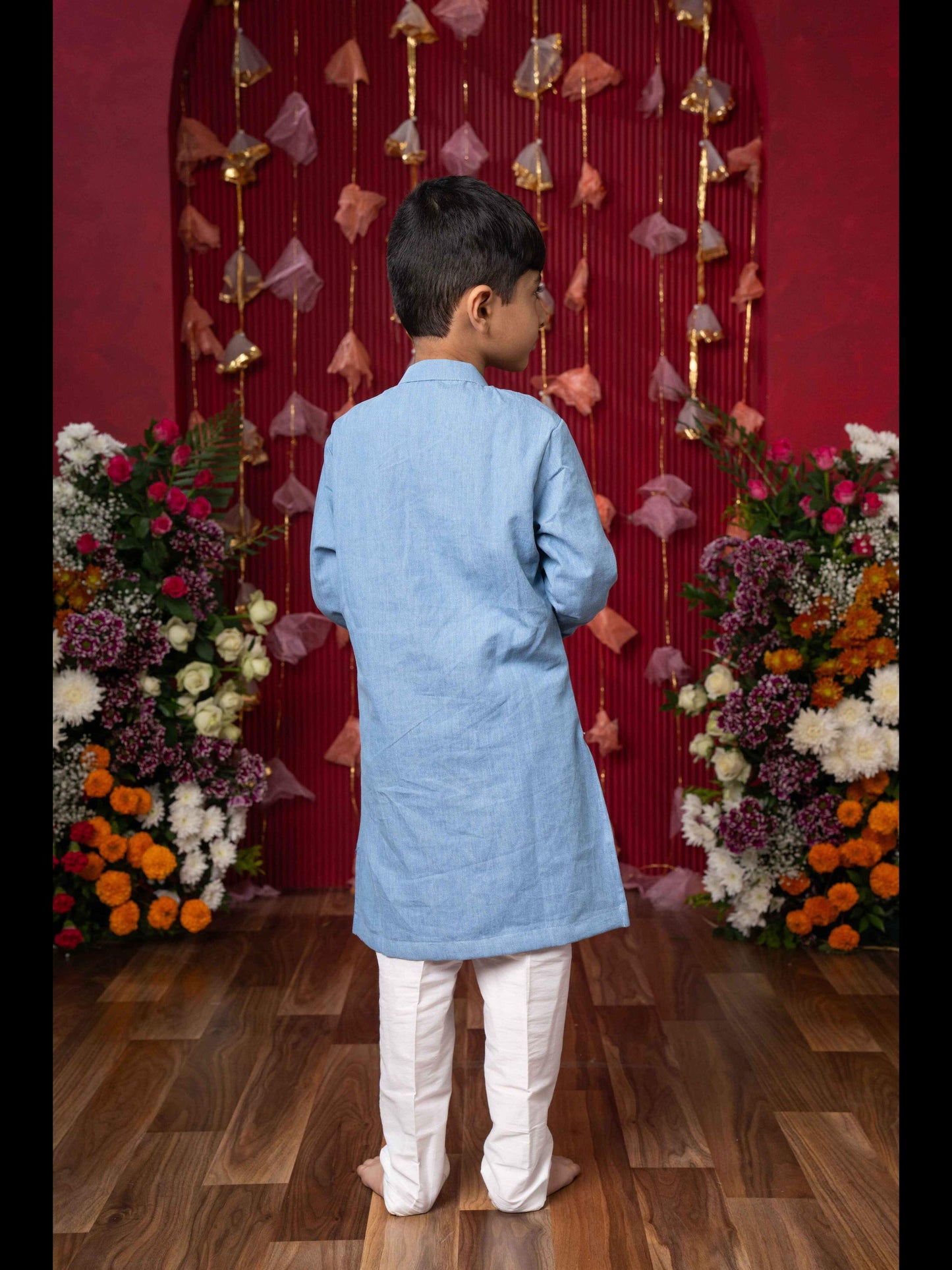 Stylish Sky Blue Soft Denim Kurta with Vibrant Embroidery and White Pants – Perfect for Festive Occasions and Traditional Celebrations