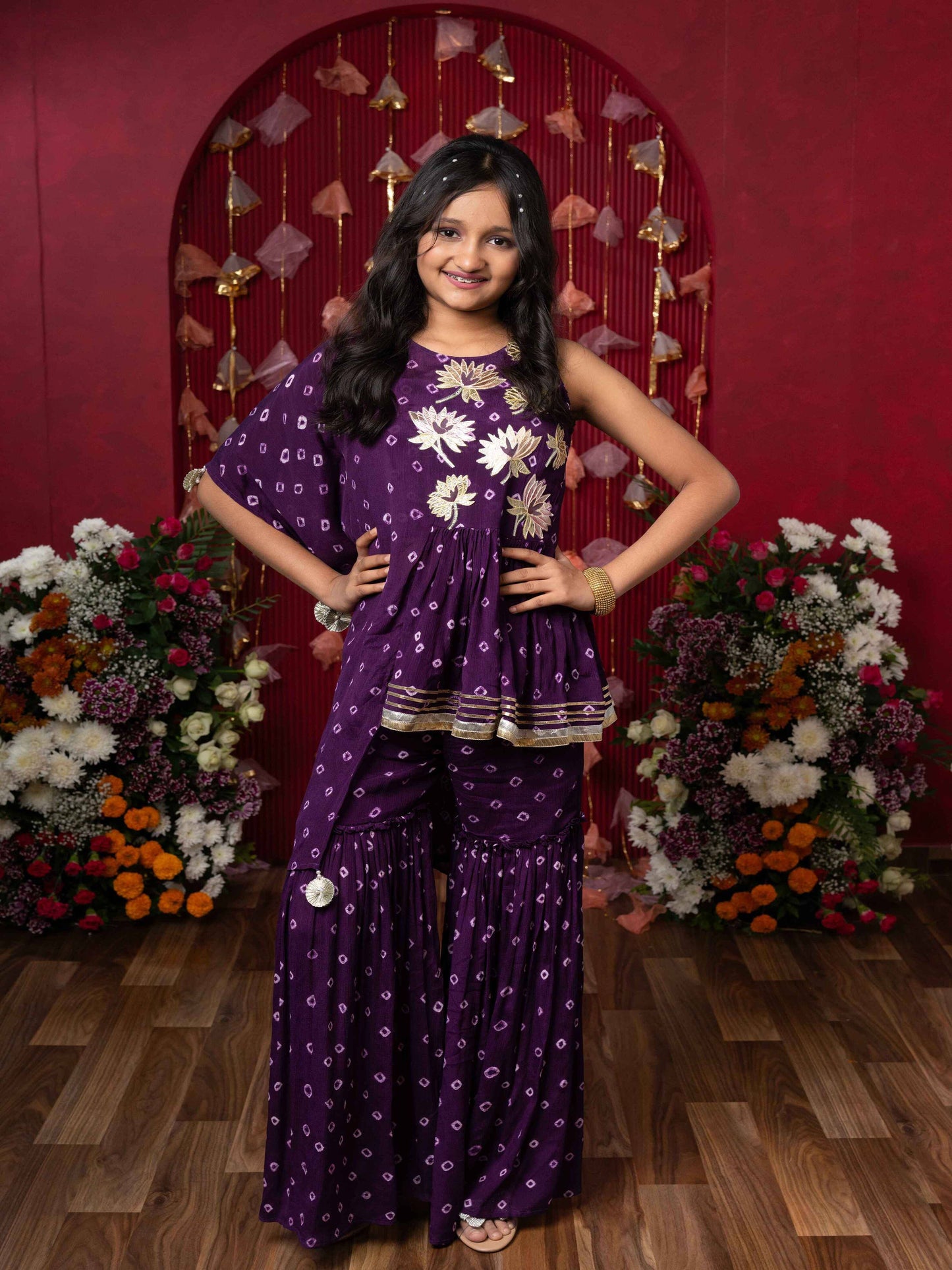 Embellished Printed One Side Drape Kurti With Crop Top And Sharara