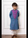 Charming Blue Soft Denim Kurta with Vibrant Pink Embroidery and White Pants – Perfect for Weddings, Festive Celebrations, and Traditional Events