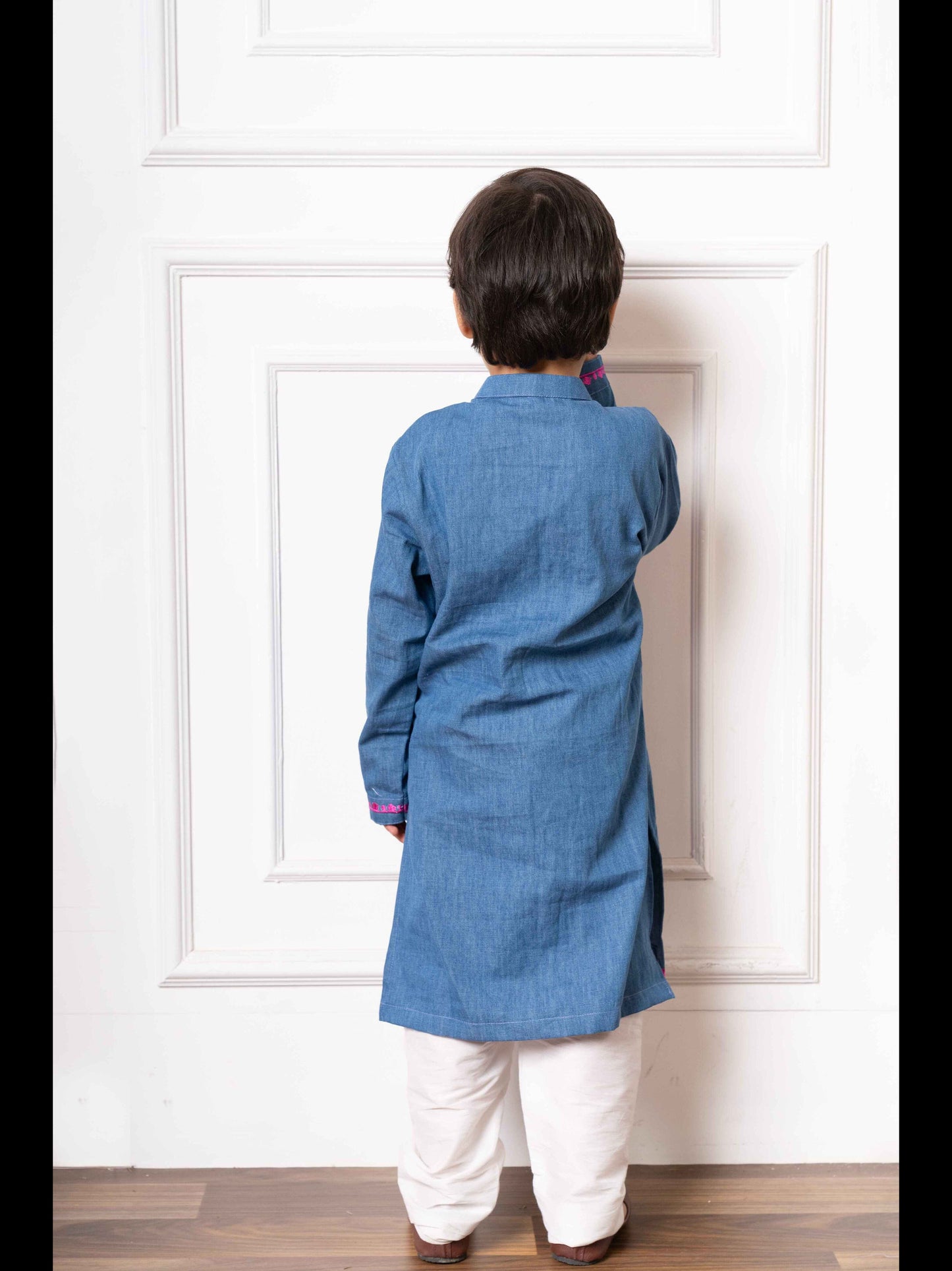 Charming Blue Soft Denim Kurta with Vibrant Pink Embroidery and White Pants – Perfect for Weddings, Festive Celebrations, and Traditional Events