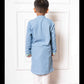 Stylish Light Blue Soft Denim Kurta with Lime Green Embroidery and White Pants – Perfect for Festive Celebrations and Weddings