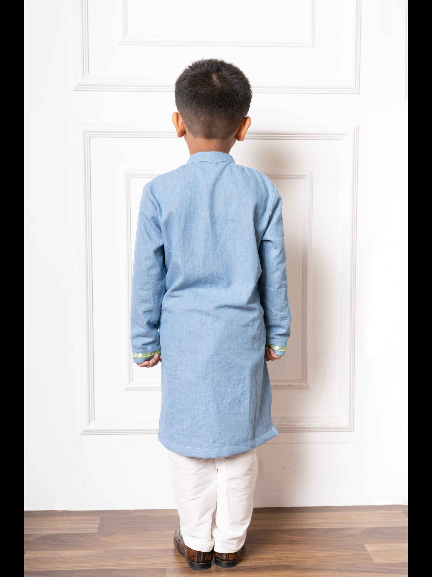 Stylish Light Blue Soft Denim Kurta with Lime Green Embroidery and White Pants – Perfect for Festive Celebrations and Weddings