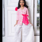 Trendy Pink Blazer Jacket With Bow Belt And White Palazzo Set – Perfect For Parties, Celebrations, And Modern Festive Wear