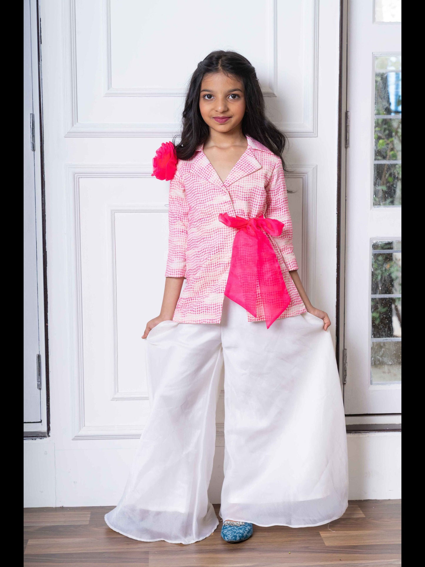 Trendy Pink Blazer Jacket With Bow Belt And White Palazzo Set – Perfect For Parties, Celebrations, And Modern Festive Wear