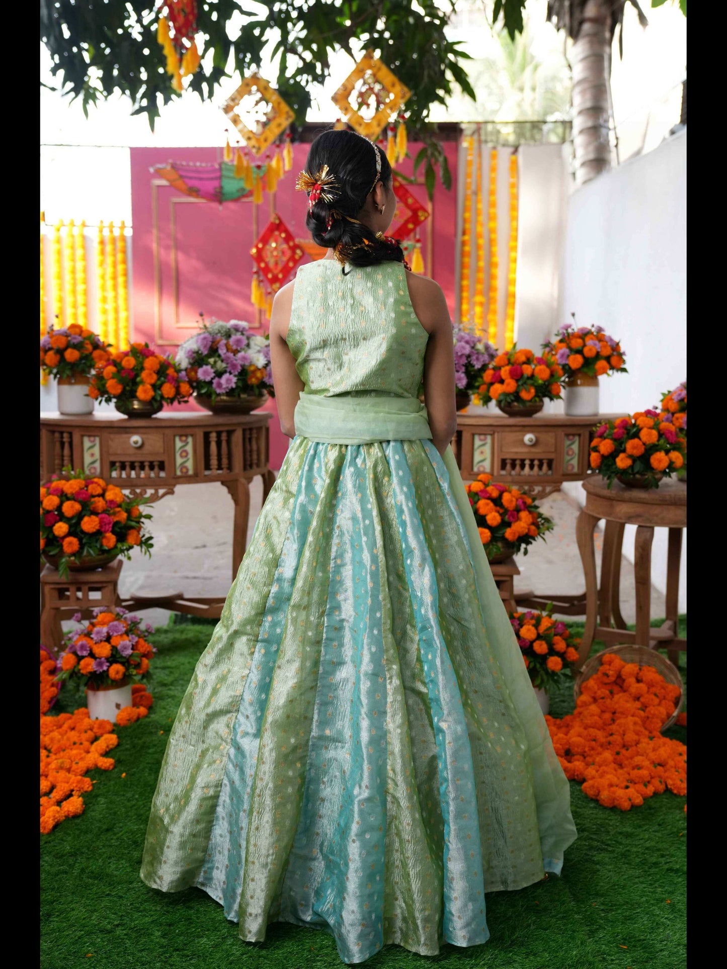 Enchanting Pastel Green Lehenga Set with Golden Embroidery – A Perfect Festive Pick for Graceful Looks