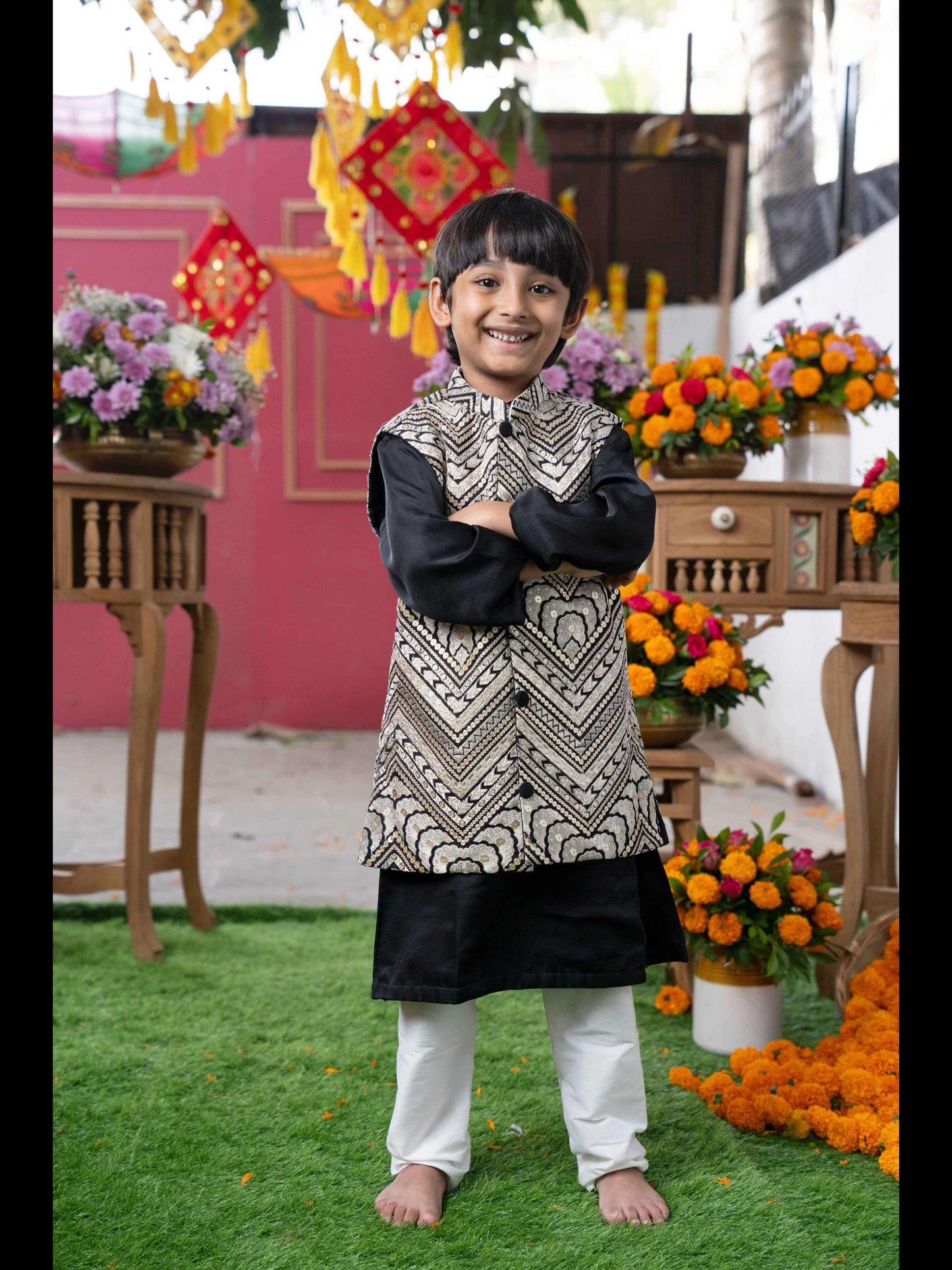 Black Silk Kurta with Embroidered Nehru Jacket and White Pants – Perfect for Weddings, Festive Celebrations, and Special Events