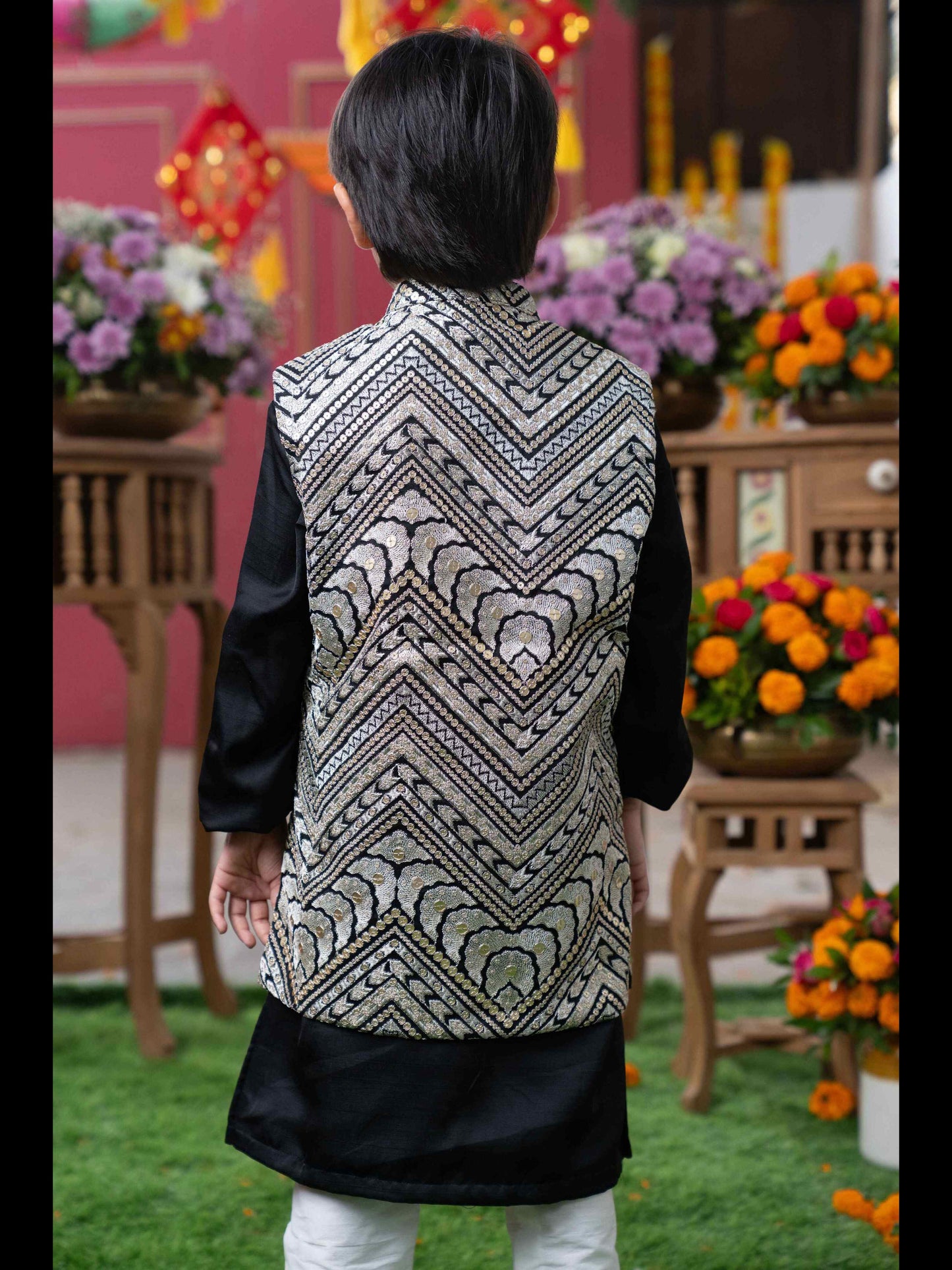 Black Silk Kurta with Embroidered Nehru Jacket and White Pants – Perfect for Weddings, Festive Celebrations, and Special Events