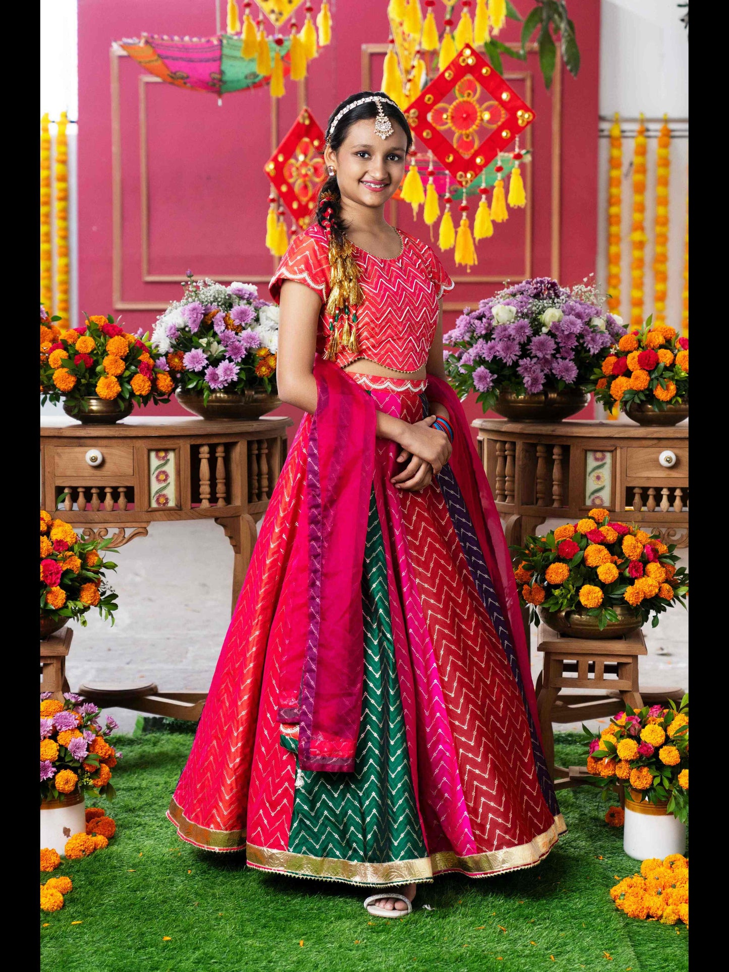 Vibrant Multicolored Chevron Embroidered Lehenga Set with Matching Blouse and Dupatta – Perfect for Weddings, Festivals, and Grand Celebrations!