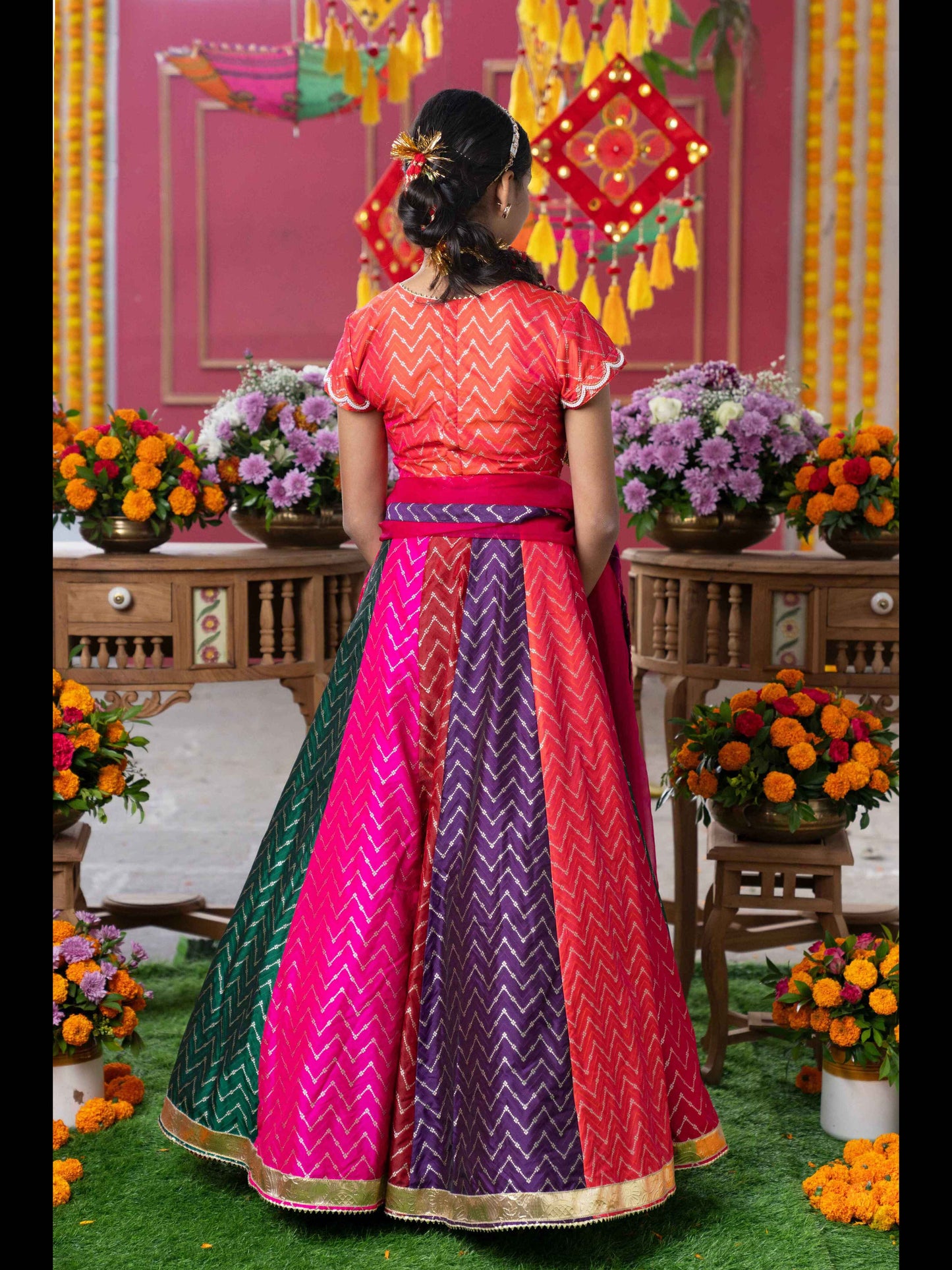 Vibrant Multicolored Chevron Embroidered Lehenga Set with Matching Blouse and Dupatta – Perfect for Weddings, Festivals, and Grand Celebrations!
