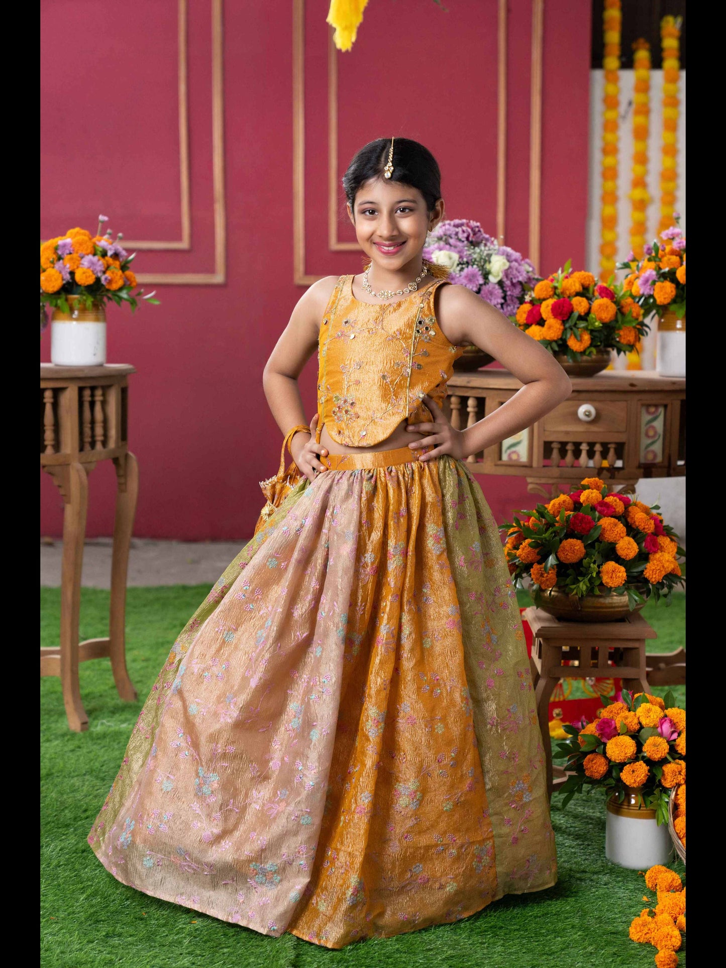 Radiant Mustard-Gold Lehenga Set for Little Divas