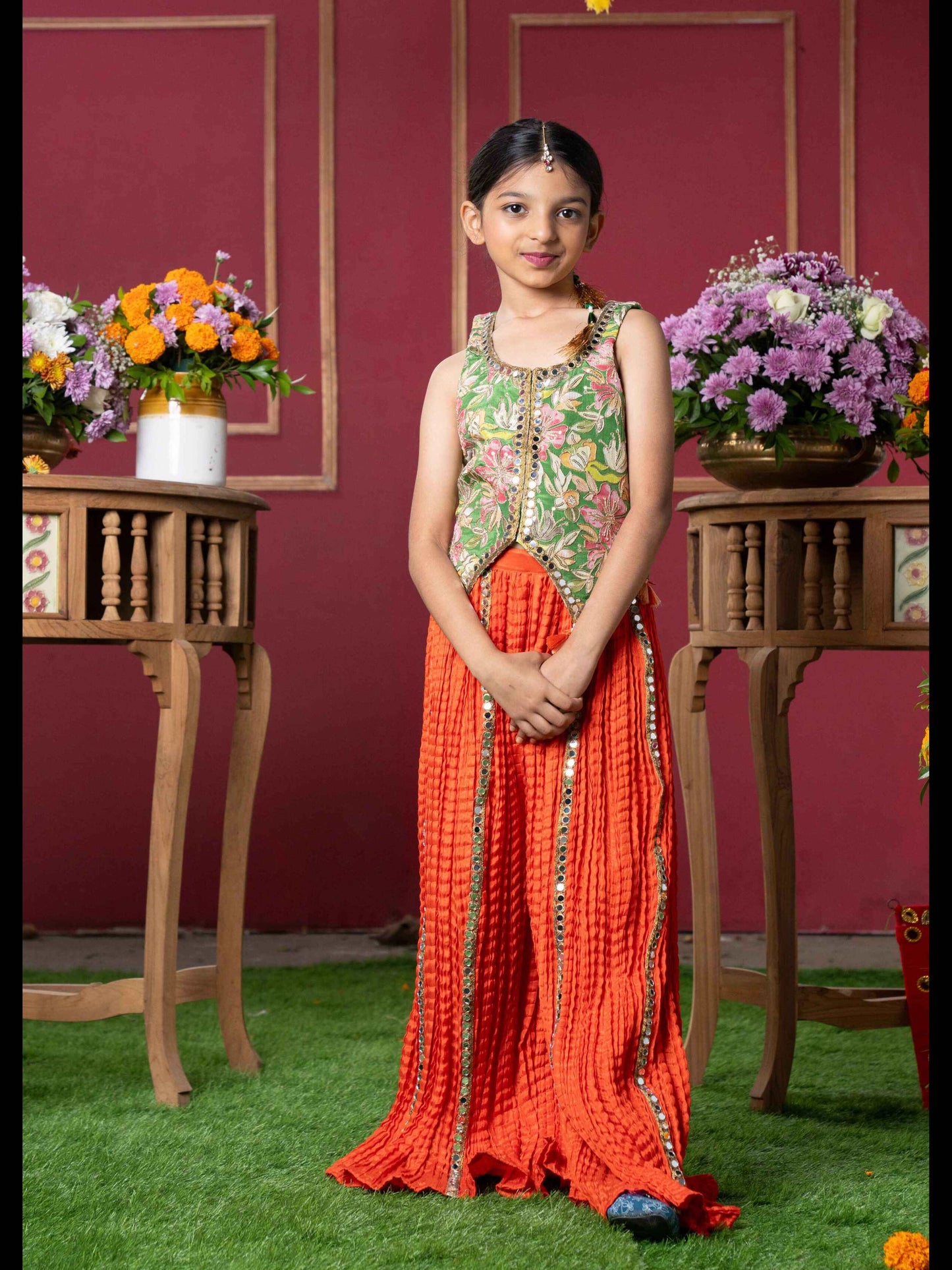 Embroidered Jacket-Style Blouse with Mirror Work and Vibrant Sharara Pants – Perfect for Weddings, Parties, and Festive Celebrations