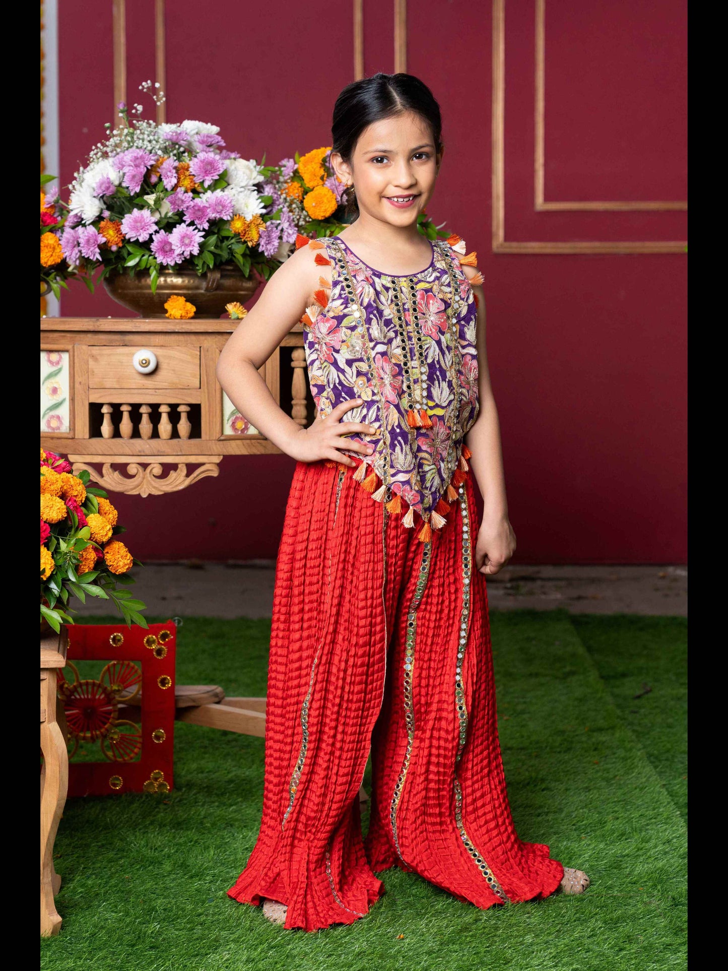 Vibrant Embroidered Kurti with Tassels and Red Mirror Work Sharara Pants – Perfect for Weddings, Festivals, and Parties