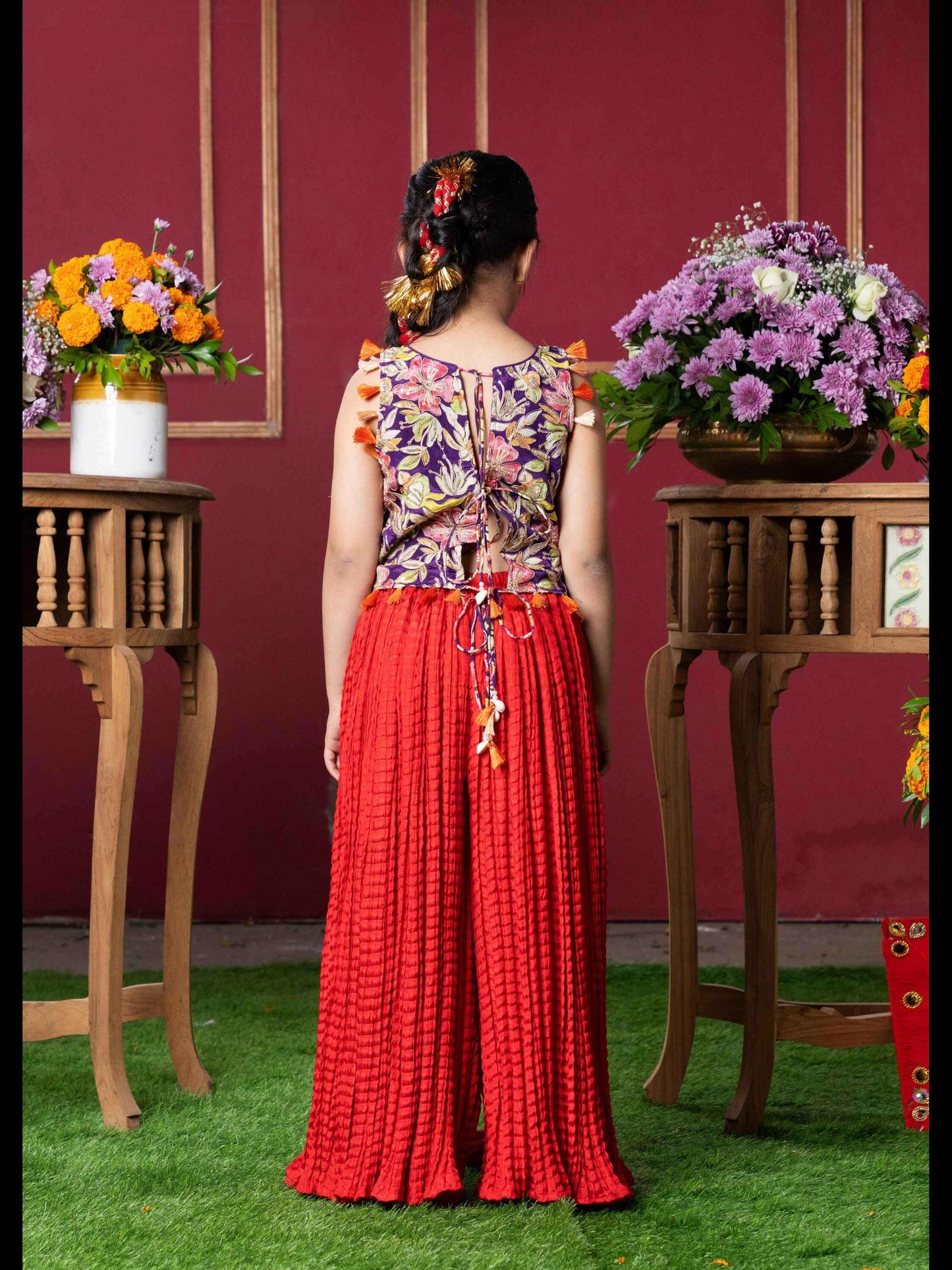Vibrant Embroidered Kurti with Tassels and Red Mirror Work Sharara Pants – Perfect for Weddings, Festivals, and Parties