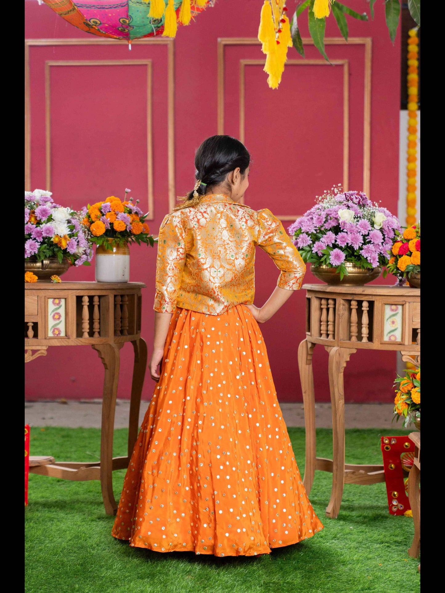Orange Brocade Jacket Style Top And Lehenga