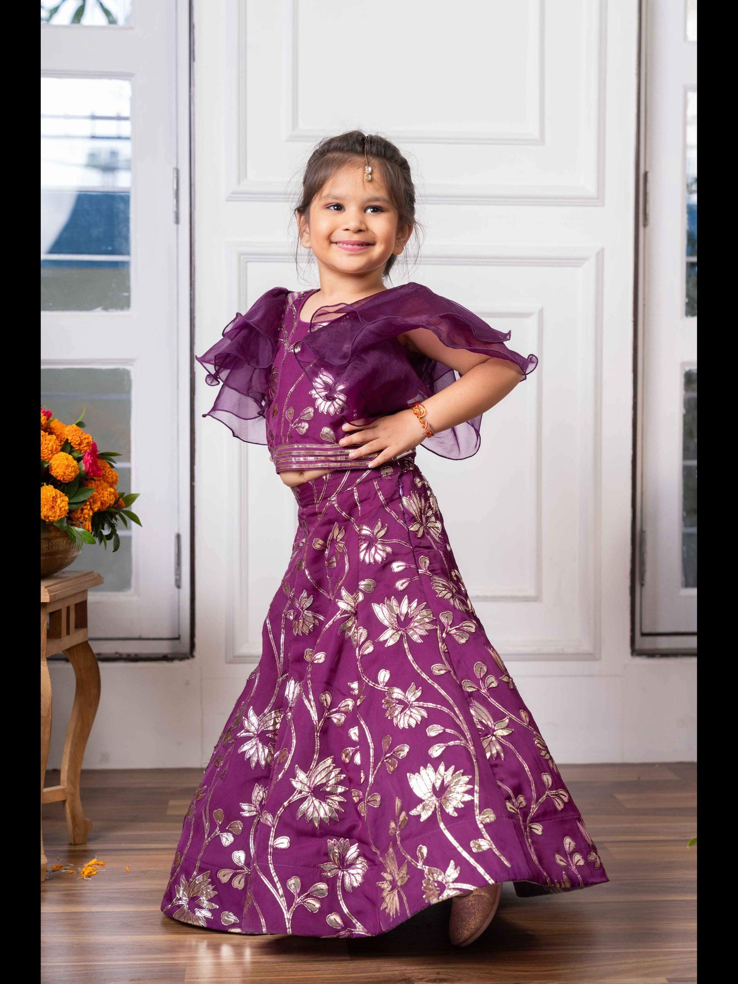 Elegant Purple Embroidered Lehenga Set with Ruffled Sleeves – Perfect for Weddings, Festive Celebrations, and Special Occasions