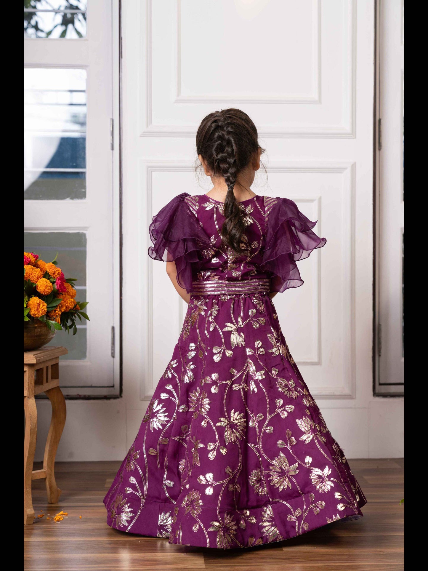 Elegant Purple Embroidered Lehenga Set with Ruffled Sleeves – Perfect for Weddings, Festive Celebrations, and Special Occasions