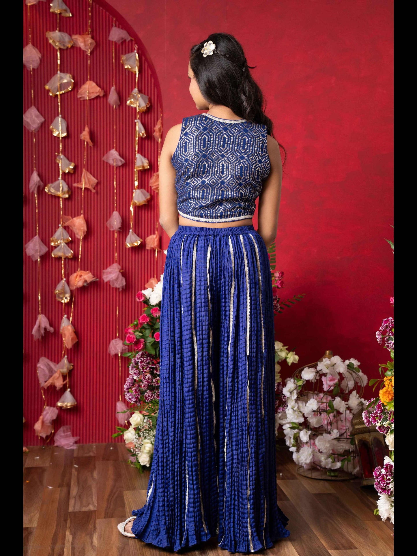 Royal Blue Embroidered Crop Top and Tassel-Adorned Sharara Set with Matching Potli – Perfect for Weddings, Parties, and Festive Celebrations