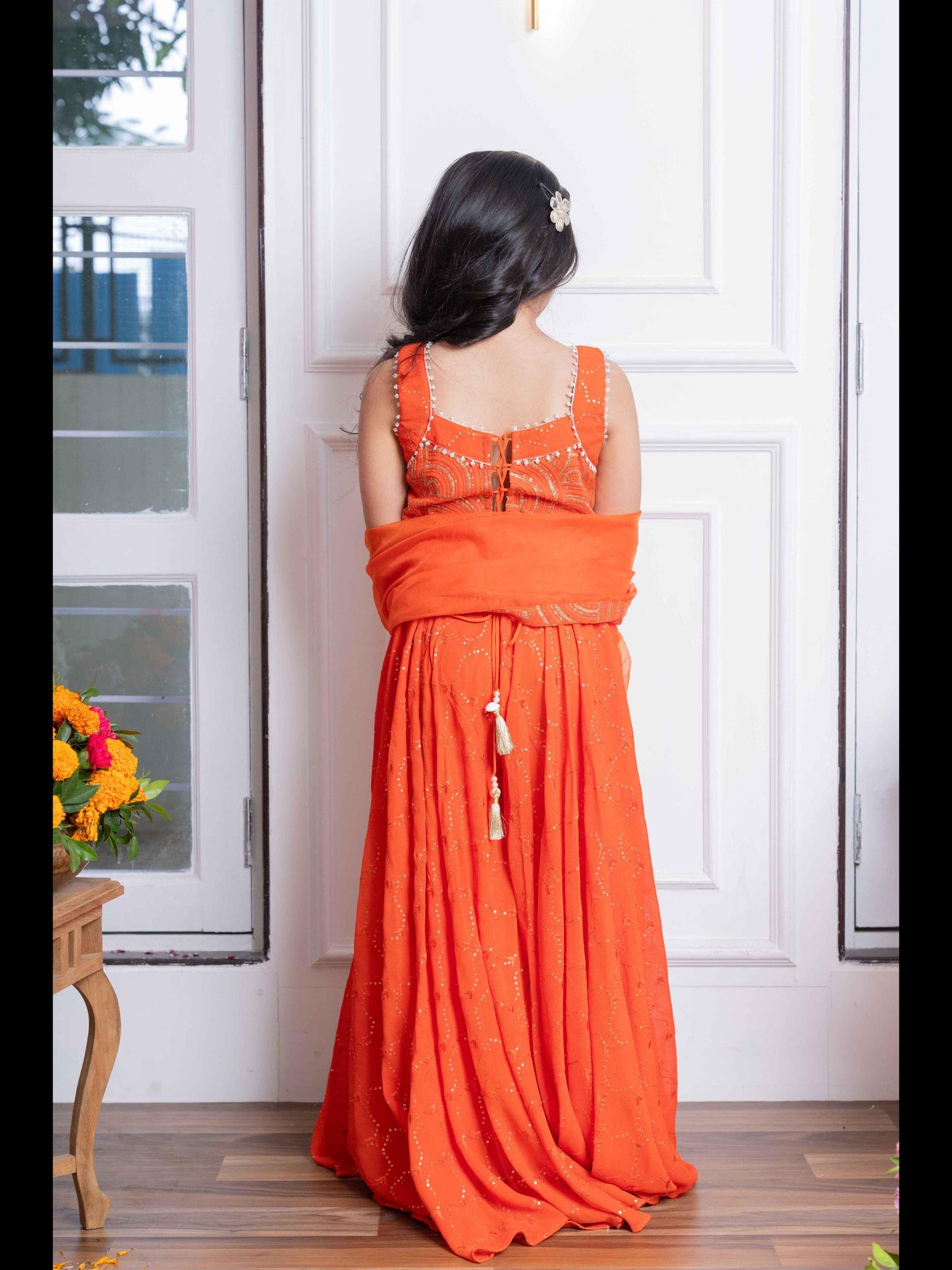 Vibrant Orange Mirror Work Sharara Set with Embroidered Crop Top and Dupatta – Perfect for Festive Celebrations and Weddings